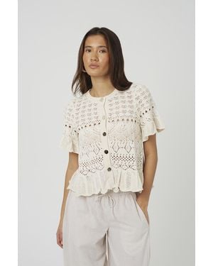 Brave Soul Short Sleeve Pointelle Knit Cardigan With Frill Hem - Natural