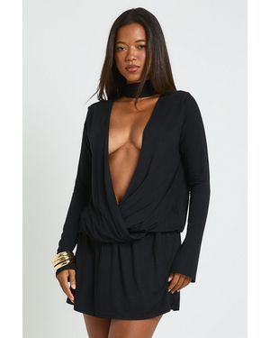 Boohoo Marl Scarf Detail Wrap Skater Dress - Black