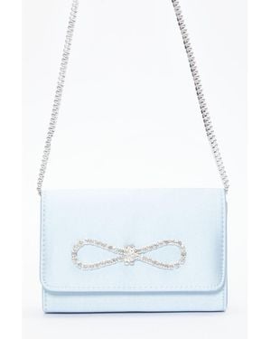 Quiz Light Blue Satin Diamante Bow Clutch - White