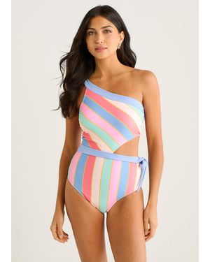 Gini London Multi Stripe Tie Detail One Shoulder Swimsuit - White