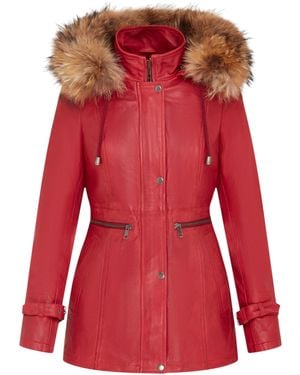 Infinity Leather Warm Hooded Parka Jacket-Northwich Lamb Leather - Red