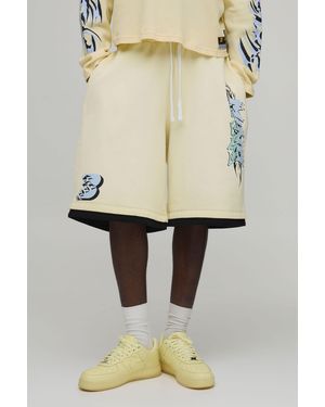 BoohooMAN Oversized Graffiti Graphic Washed Jersey Jorts - Natural
