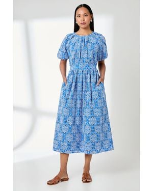 PRINCIPLES Puff Sleeve Waistband Detail Broderie Midi Dress Cotton - Blue