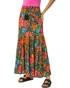 Roman Floral Print Tiered A-Line Skirt - White