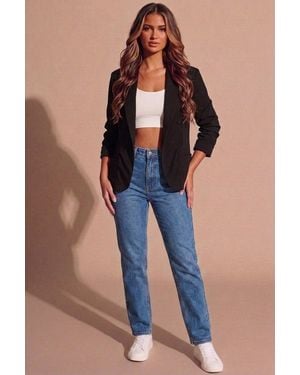 Femme Luxe Ruched Sleeve Tailored Open Front Blazer - Blue