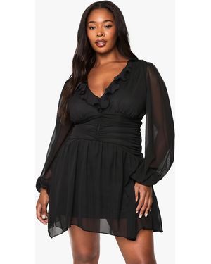 Boohoo Plus Mesh Ruffle Skater Dress - Black