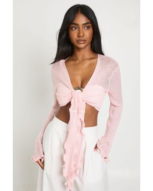 Boohoo Lettuce Edge Tie Front Lightweight Cardigan - Pink
