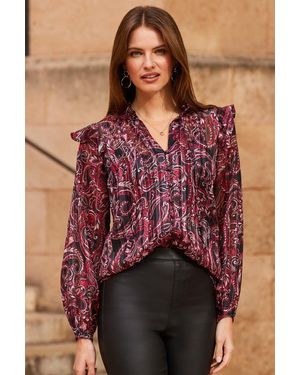 Sosandar Burgundy Paisley Print Ruffle Shoulder Tie Neck Blouse - Red