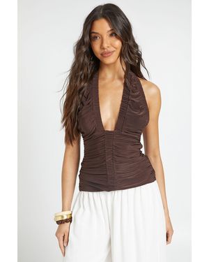 Boohoo Super Ruched Matt Slinky V Neck Racer Back Top - Brown