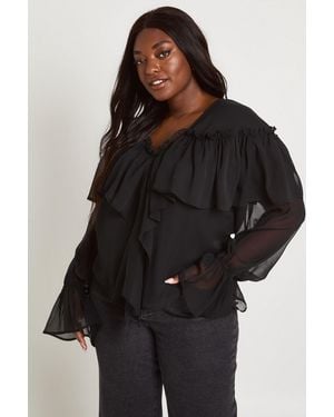 Boohoo Plus Chiffon Ruffle Front Blouse - Black