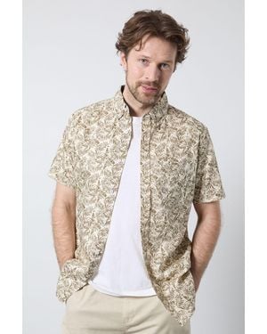 MAINE Leaf Print Oxford Short Sleeve Shirt Cotton - Brown