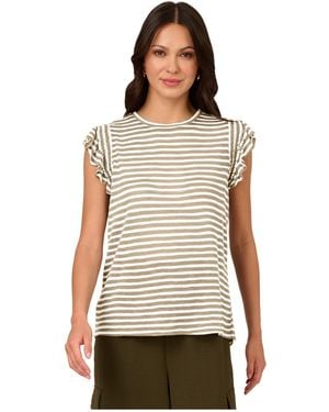 Adrianna Papell Ruffle Sleeve Striped Crew Neck Slub Tee - White