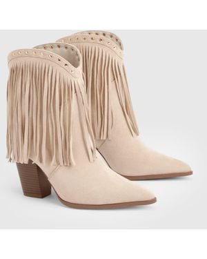 Boohoo Faux Suede Fringe And Stud Detail Ankle Western Boots - Natural