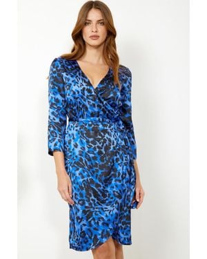 Sosandar Leopard Print Wrap Dress - Blue