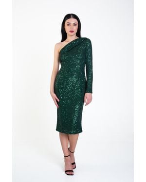 Gini London One Shoulder Draped Sequin Midi Dress - Green