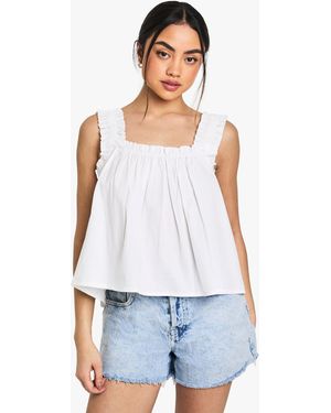 Boohoo Shirred Strap Cotton Poplin Cami Top - White