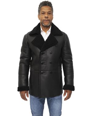 Infinity Leather Double Breasted Shearling Sheepskin Pea Coat-Valencia - Black