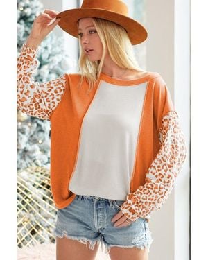 Azura Exchange Colourblock Leopard Sleeve Patchwork Top Cotton - Orange