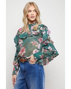 Oasis Printed Frill Yoke High Neck Blouse - Blue