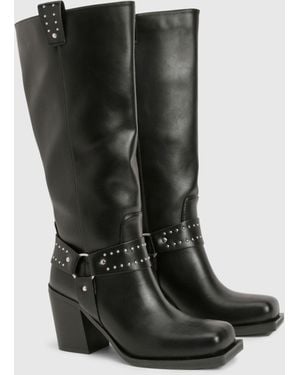 Boohoo Wide Fit Buckle Detail Western Biker Boots - Black