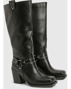 Boohoo Wide Fit Buckle Detail Western Biker Boots - Black