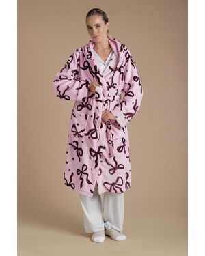 Tokyo Laundry Bow Print Fluffy Hooded Dressing Gown - Pink