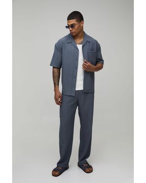 BoohooMAN Oversized Textured Pleated Shirt & Relaxed Trouser Set - Blue