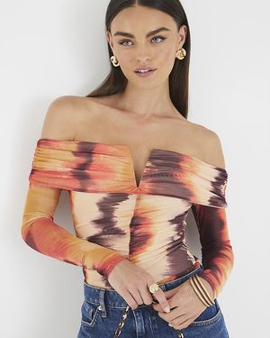 River Island Bodysuit Mesh Long Sleeve Bardot - Red
