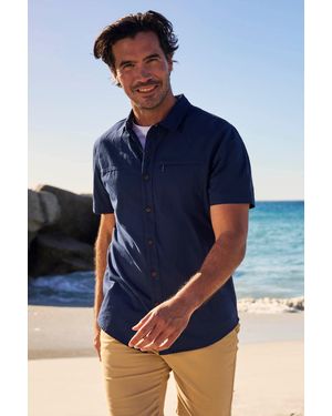Mountain Warehouse 'Coconut Slub Texture' Short Sleeve Shirt 100% Cotton Zip Chest Pocket Everyday Wear Top - Blue