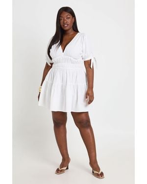 Boohoo Plus Puff Sleeve V Neck Mini Dress - White