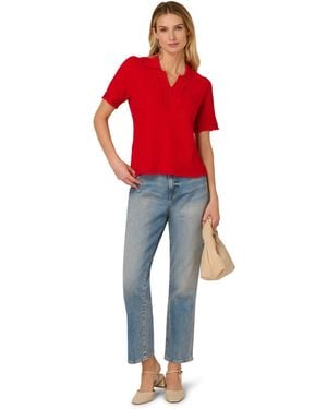 Adrianna Papell Short Sleeve Button Front Polo Fray Edge Jumper - Red