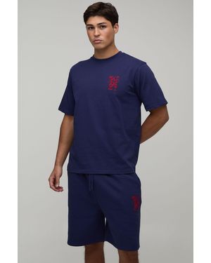 BoohooMAN Regular Fit Lobster Embroidered T-Shirt & Fit Short Set - Blue