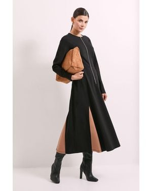 PRINCIPLES Contrast Godet Detail Zip Front Midi Dress Viscose - Black