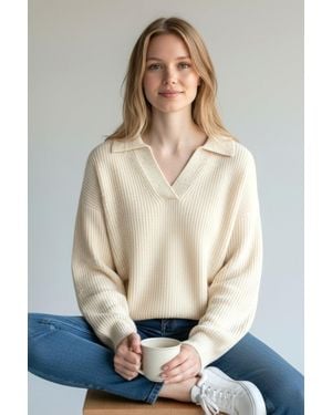 Secret Label Collared Ribbed Jumper With Side Splits - Natural