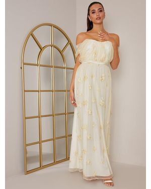 Chi Chi London Bardot Embroidered Floral Dobby Lace Maxi Dress - Natural