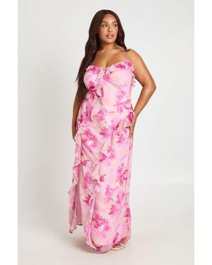 Boohoo Plus Floral Chiffon Strappy Ruffle Maxi Dress - Pink