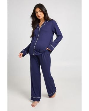 Boohoo Matenity Piping Detail Long Sleeve Shirt & Trouser Pyjama Set - Blue