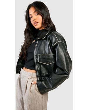 Boohoo Petite Vintage Look Faux Leather Pocket Detail Jacket - Black
