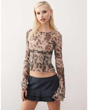 Monki Long Sleeve Mesh Shirred Top - Natural