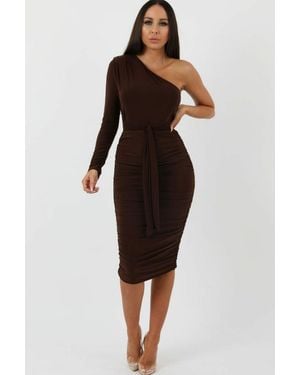 Femme Luxe One Shoulder Ruched Slinky Midi Dress - Black