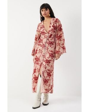 Warehouse Devore Plunge Neck Flared Sleeve Button Through Midi Dress