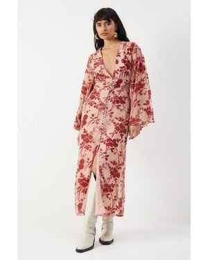 Warehouse Devore Plunge Neck Flared Sleeve Button Through Midi Dress