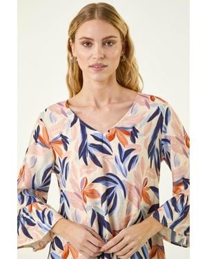 Roman Leaf Print Flared Sleeve Top - Blue