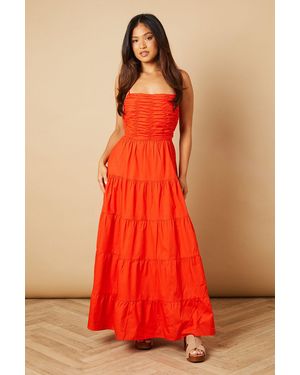 Oasis Petite Ruched Bodice Lace Up Back Maxi Dress - Red