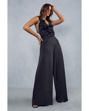 MissPap Premium Satin Frill Wide Leg Jumpsuit - Blue