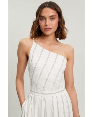 Karen Millen Beaded Pinstripe Asymmetric Neck Tailored Top - White