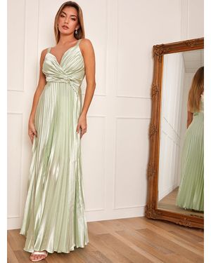 Chi Chi London Satin Pleated Wrap Maxi Dress - Natural