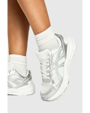 Boohoo Contrast Metallic Stripe Chunky Sporty Dad Trainers - White