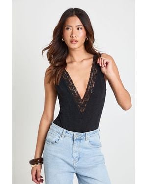 Boohoo Lace Trim V Neck Bodysuit - Blue