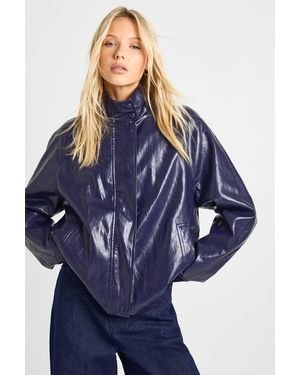 Boohoo Soft Funnel Neck Faux Leather Bomber Jacket - Blue